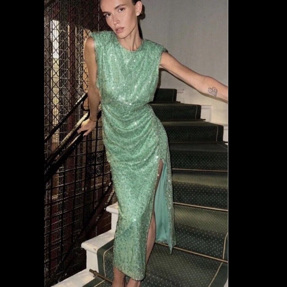 Zara NWT sea green sequin midi cut out dress 7990/908